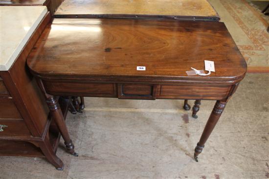 Late George III mahogany D-shaped folding top tea table, with ebonised line-inlaid frieze